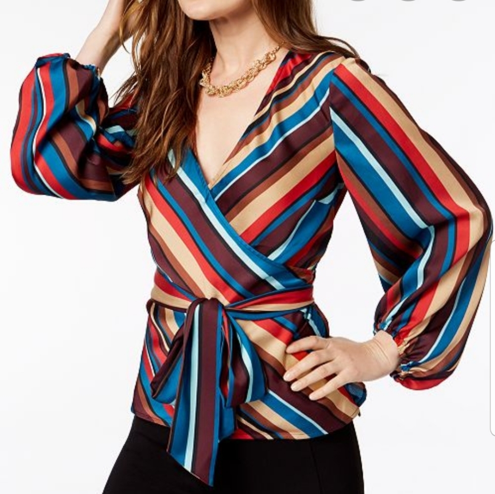 INC International Concepts Multicolor Striped Wrap Blouse - Blue, Red, Tan